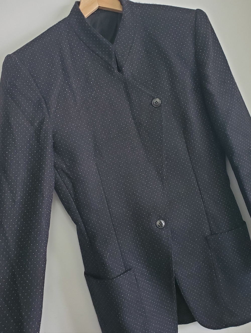 Vintage 4 Alfred Sung Suit Jacket Luxury 100% Virgin Wool Black Polka Dot Blazer